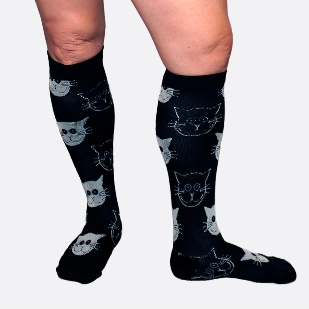 Black Cat‎ Print Compression Socks L–XL Plus Size Cute Travel Support